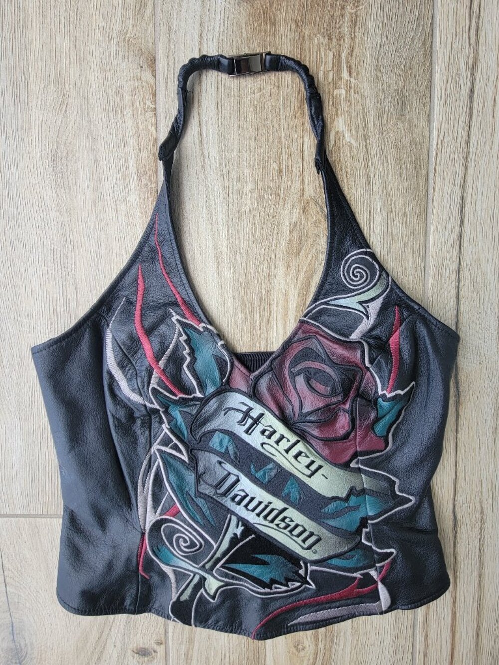 Vintage Harley-Davidson Leather Rose Halter Top / Embroidered Biker Crop